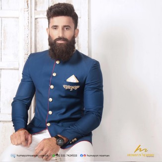 Navy Blue Suiting Fabric Handwork Prince Coat