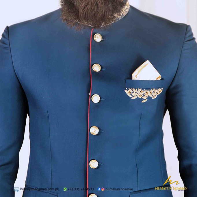 Navy Blue Suiting Fabric Handwork Prince Coat