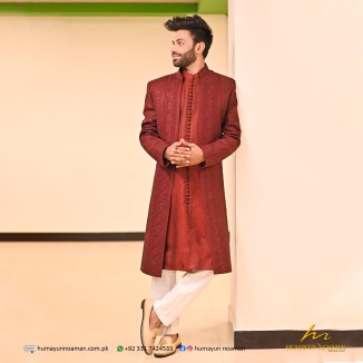 Maroon Sequins Embroidered Front Open Sherwani Gown