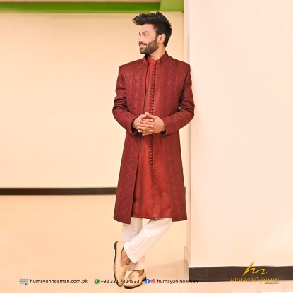 Maroon Sequins Embroidered Front Open Sherwani Gown