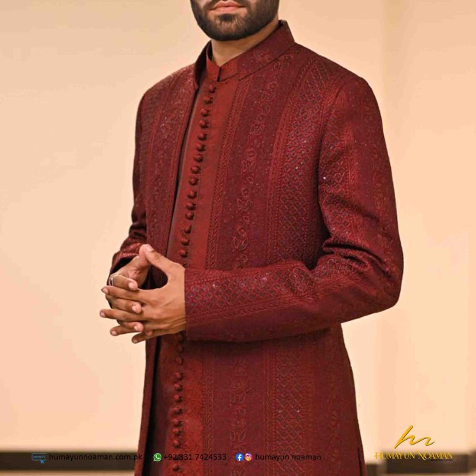 Maroon Sequins Embroidered Front Open Sherwani Gown