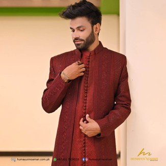Maroon Sequins Embroidered Front Open Sherwani Gown