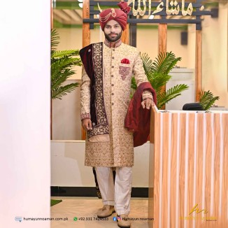 Fawn Embroidered Fabric Handwork Sherwani