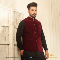Maroon Cocktail Velvet Fancy Buttons Waistcoat