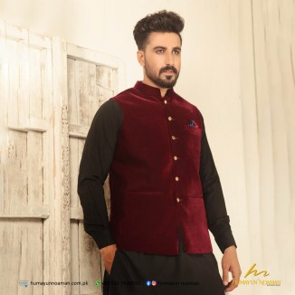 Maroon Cocktail Velvet Fancy Buttons Waistcoat