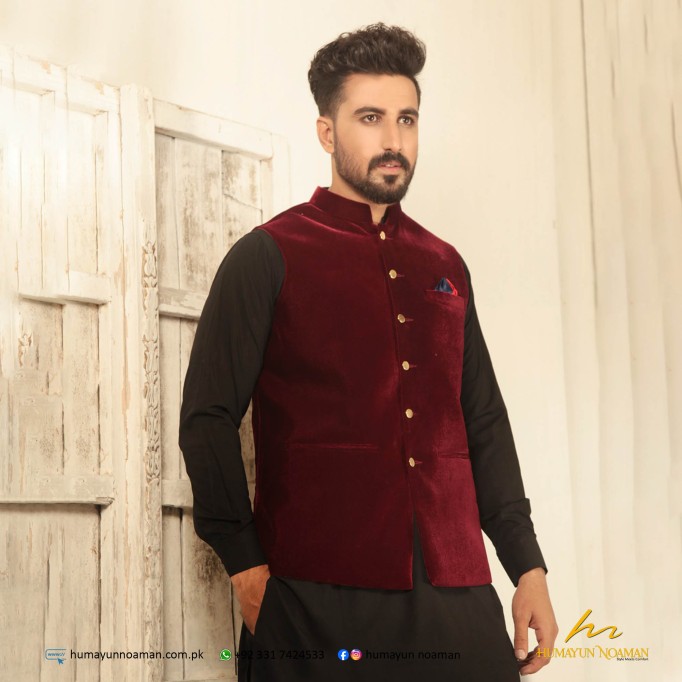 Maroon Cocktail Velvet Fancy Buttons Waistcoat