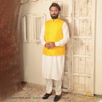 Yellow Raw Silk Mirror Work Waistcoat