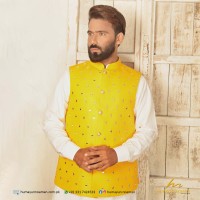 Yellow Raw Silk Mirror Work Waistcoat