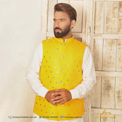 Yellow Raw Silk Mirror Work Waistcoat