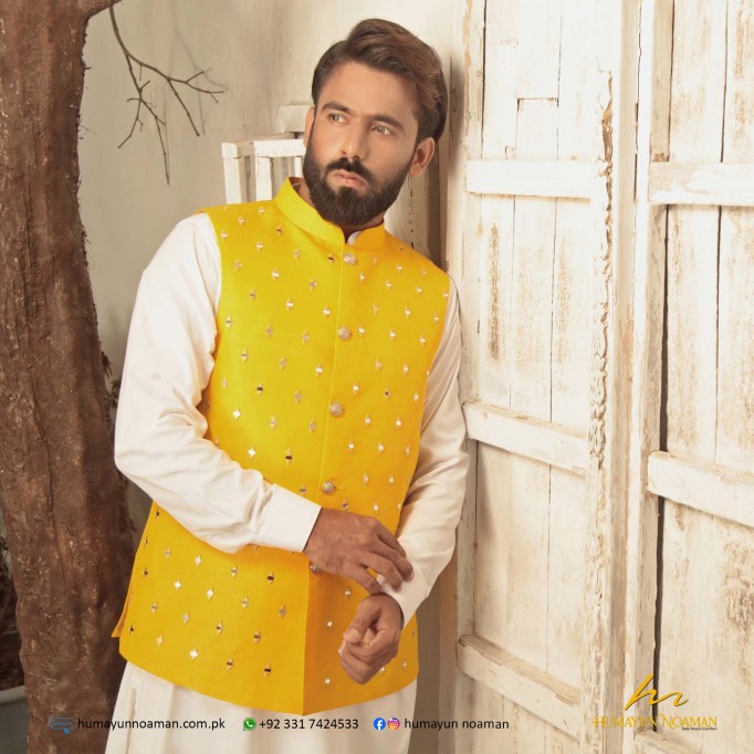 Yellow Raw Silk Mirror Work Waistcoat