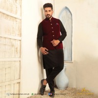 Maroon Cocktail Velvet Fancy Buttons Waistcoat