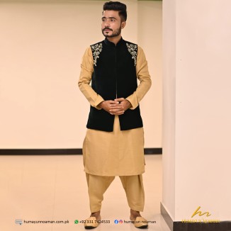 Black Velvet Machine Embroidery Waistcoat