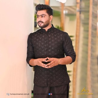 Black Embroidered Fabric Handwork Waistcoat