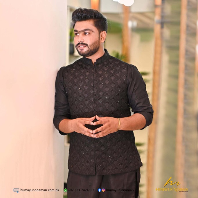 Black Embroidered Fabric Handwork Waistcoat