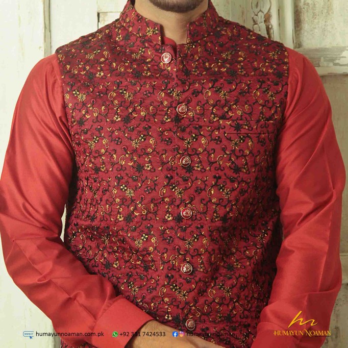 Maroon Embroidered Fabric Waistcoat