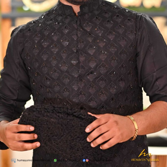 Black Embroidered Fabric Handwork Waistcoat