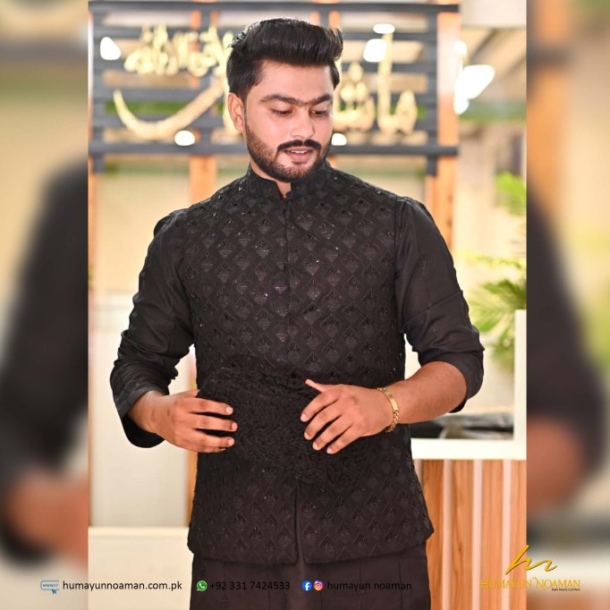 Black Embroidered Fabric Handwork Waistcoat