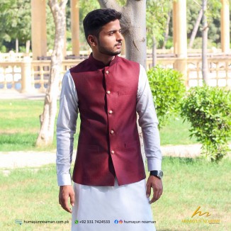 Maroon Self Print Jacquard Waistcoat