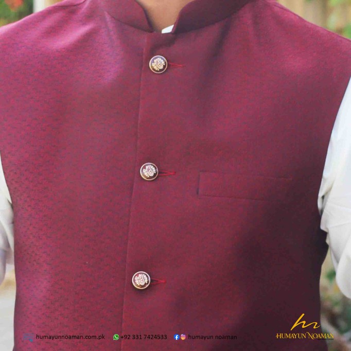 Maroon Self Print Jacquard Waistcoat