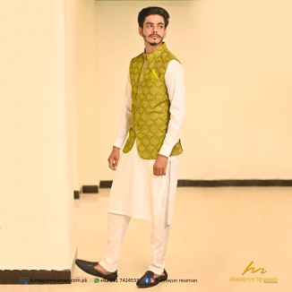 Mehendi Green Embroidred Fabric Waistcoat
