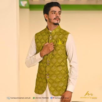Mehendi Green Embroidred Fabric Waistcoat