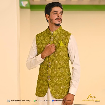 Mehendi Green Embroidred Fabric Waistcoat
